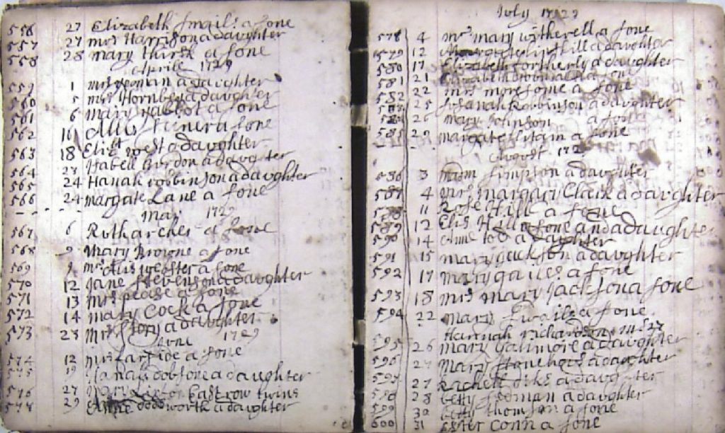 A page from Midwife Manley's diary (1720-1764)